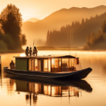 A serene image of a cozy houseboat gently floating on a tranquil lake. The scene is set during the golden hour with soft sunlight casting a warm glow on th