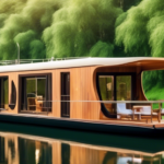 Imagine a serene and picturesque waterway lined with lush greenery and surrounded by rolling hills, as a sleek, modern houseboat glides gently through the