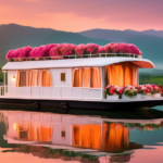 A serene scene of a beautifully crafted houseboat floating gently on a tranquil lake during sunset. The houseboat is elegantly decorated with soft, flowing
