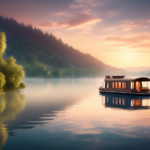 Create an image of a serene and cozy houseboat floating peacefully on a calm lake during a sunset. The houseboat is surrounded by lush green trees and dist