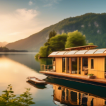 Create an image of a serene and peaceful scene of a vacation on a houseboat. The houseboat is gently floating on a calm, picturesque lake surrounded by lus