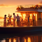 Create an image of a joyful family gathering on a beautifully decorated houseboat. The scene is set during sunset, with warm, golden hues casting a glow ov