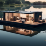A modern houseboat floating on a serene lake, designed with a blend of office and relaxation spaces. The scene shows a professional workspace with a sleek