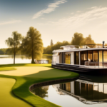 Create an image of a luxurious houseboat set against the backdrop of a serene lake with a picturesque golf course nearby. The houseboat features modern ame