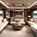 Create a detailed image of a luxurious houseboat interior, showcasing the ultimate amenities and décor. Highlight elegant furnishings, state-of-the-art kit