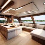 Create an image of a luxurious houseboat interior that showcases optimal design features and amenities. The scene should include a spacious living area wit