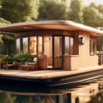 Create an image of a beautifully designed houseboat, floating peacefully on a serene lake surrounded by lush trees. The houseboat features a stylish exteri