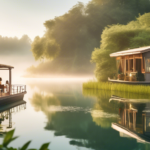 Create an image of a picturesque houseboat floating on a serene, reflective lake surrounded by lush greenery. The scene captures the early morning sunlight