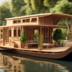 Create an image featuring a picturesque scene by a tranquil riverbank, showing skilled artisans crafting a luxurious houseboat. The boat is partially built