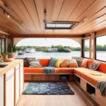 Create an image of a stylish and modern houseboat interior that showcases creative design ideas. The space should feature a blend of natural materials like