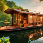 Create an image of a serene houseboat gently floating on a picturesque lake at sunset, surrounded by lush greenery. The scene should illustrate a person di