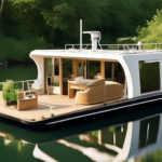 Create an image of a serene houseboat setting, surrounded by calm waters and lush greenery. On the deck of the houseboat, display an array of cleaning and