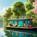Create an image that depicts a tranquil scene of a colorful houseboat gently floating on a calm river, surrounded by lush greenery. The houseboat should be