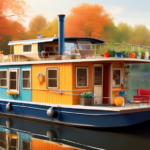 Create an image of a charming, partially renovated houseboat docked along a peaceful river. The scene should capture the essence of a dream renovation proj