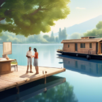 Create an image depicting a serene scene of a houseboat gently floating on a tranquil lake, surrounded by lush greenery and a clear blue sky. In the foregr