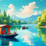 Create an image of a serene scene with a houseboat anchored on a calm lake during a sunny day. The houseboat is painted in vibrant colors, surrounded by lu