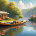 Create an image depicting a tranquil and picturesque scene on a serene river. In the foreground, a charming houseboat is anchored near the riverbank, surro