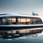 A futuristic houseboat designed as a high-tech conference room floating on a calm lake. The houseboat features large glass windows offering panoramic views