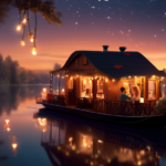 Create an image of a cozy and romantic evening setting on a houseboat. The scene should depict a couple enjoying a candle-lit dinner on the deck of the boa
