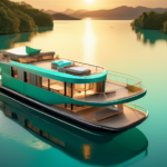Imagine a serene scene where a modern, luxurious houseboat is gently gliding through calm, turquoise waters. The houseboat has sleek, elegant lines and is