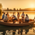 A picturesque scene of a group of colleagues engaging in a team-building exercise aboard a charming houseboat, floating gently on a serene lake. The sun is