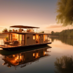 A serene and tranquil scene of a luxurious houseboat gently floating on a calm lake during sunset. The warm, golden hues of the sky reflect off the water,