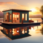 Create an image of a picturesque houseboat floating gently on a serene lake. The houseboat is equipped as a unique workshop space, with large windows allow