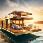 Create an image of a luxurious houseboat floating majestically on the crystal-clear waters of the Mediterranean Sea. The scene captures the essence of ulti