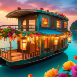 A picturesque scene of a charming, rustic houseboat gently bobbing on the calm, turquoise waters of the Pacific Ocean. The houseboat is adorned with vibran