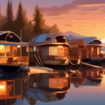 Create an image of a serene lakeside scene showcasing several unique and cozy houseboats moored along the shore. Each houseboat features different architec