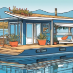 Create an illustration of a comprehensive handbook titled The Ultimate Guide to Houseboats: Step-by-Step Instructions. The cover of the book features a det