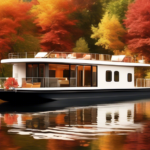 Create an image of a beautifully customized houseboat cruising through a serene lake. The houseboat features modern design elements such as large glass win