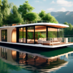 Create an image of a luxurious and modern houseboat floating on a serene lake surrounded by lush greenery and mountains in the background. The houseboat sh
