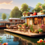 Create an image depicting a serene lakeside scene with houseboats elegantly arranged in various creative setups. Some houseboats are designed as cozy float