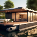 Create an image that depicts a series of innovative and efficient houseboat storage solutions. The image should feature a modern marina with neatly organiz