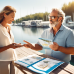 Create an image depicting a serene scene at a marina where an experienced consultant is having a thoughtful and engaging conversation with a couple interes