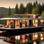 A serene and picturesque scene featuring a modern, luxurious houseboat docked on a calm lake during sunset. The houseboat is elegantly designed with large