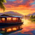 Create an image of a picturesque scene featuring a cozy houseboat navigating serene waters during sunset. The boat is surrounded by tranquil nature with lu