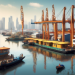 Create an image of a bustling international harbor filled with various modern houseboats ready to be exported. The scene should include a diverse group of
