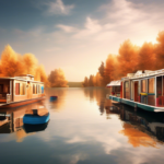 Create an image of a picturesque scene with a variety of houseboats floating on a serene lake. The scene should depict an array of different houseboat desi