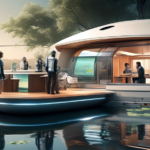 A futuristic scene depicting researchers on a sleek, advanced houseboat equipped with cutting-edge technology for scientific exploration. The houseboat is