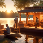Create an image depicting a serene lakeside setting where skilled artisans are crafting a houseboat. The scene shows various stages of the houseboat buildi