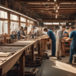 An intricate scene of a bustling workshop where a team of skilled craftsmen are assembling a houseboat. The image highlights various efficient manufacturin
