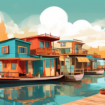 Create an illustration of a serene waterfront scene featuring a collection of unique and diverse houseboats from around the world. Each houseboat should di