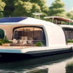 Create an image depicting futuristic houseboats, showcasing cutting-edge innovations in design and technology. The houseboats are situated in a serene harb