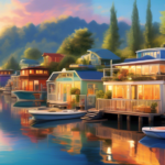 Create an image of a serene marina setting, showcasing various houseboats anchored by the docks. Each houseboat displays unique architectural styles and vi