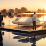A peaceful scene of a serene marina filled with a variety of elegant houseboats. The image captures a couple thoughtfully examining a sleek, modern housebo