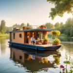 A serene scene of a cozy houseboat floating gently on a calm river, surrounded by lush greenery and vibrant wildflowers. The houseboat, designed with a rus