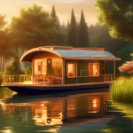 Create an image of a serene water scene featuring a charming houseboat gently bobbing on a calm lake, surrounded by lush green landscapes. The houseboat is