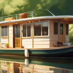 Create an image that depicts a picturesque houseboat docked in a serene marina, surrounded by calm water and lush greenery. The scene should illustrate a p